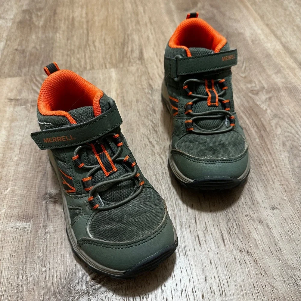 Merrell | Kids Leather Green Orange Outback Mid Hike Trail Shoes, Size 12 Mo.